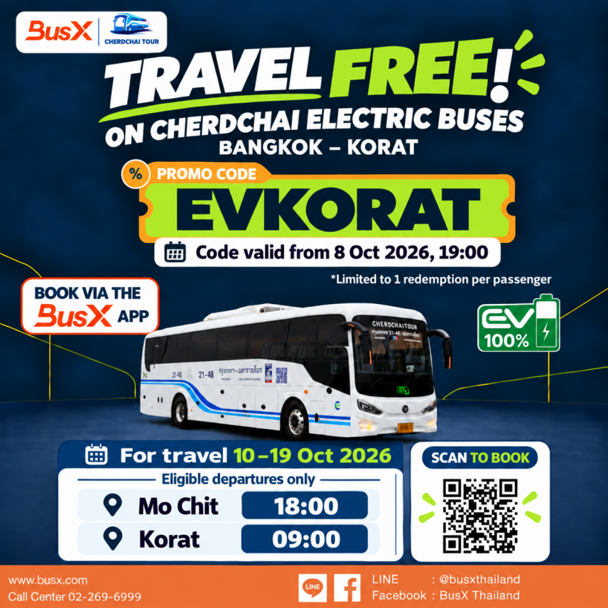 Cherdchai Electric Buses for Free Between Bangkok and Korat — Book on the BusX App with Code EVKORAT